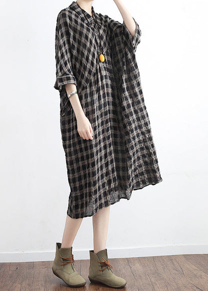 Black Plaid Linen Cotton Tunics Outfits Polo Collor Clothing Summer Dress