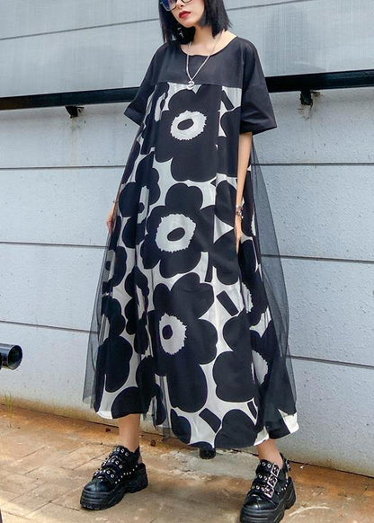Black Print Quilting Clothes O Neck Patchwork Maxi Dress