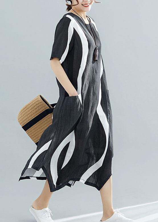 Black Striped Chiffon Quilting Clothes O Neck Asymmetric Kaftan Summer Dress