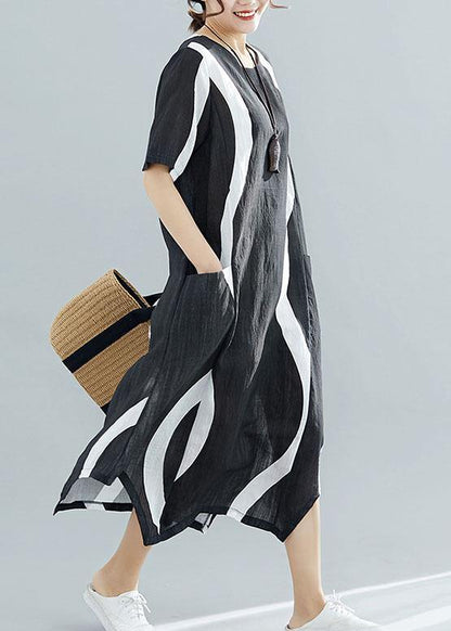 Black Striped Chiffon Quilting Clothes O Neck Asymmetric Kaftan Summer Dress