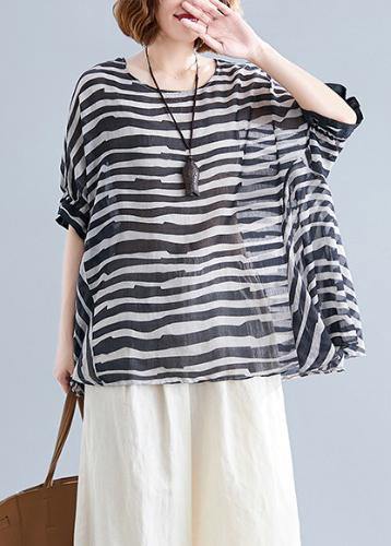 Black Striped Shirts O Neck Batwing Sleeve Box Shirts