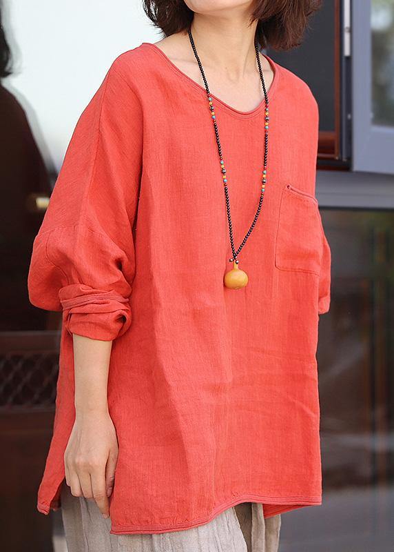 Blackish Green Linen Clothes for Side Open Clothing V Neck Blouse