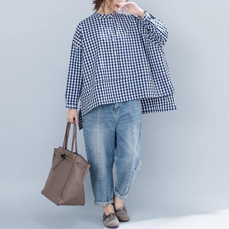 Blue Plaid Cotton Clothes for Neckline Stand Collar Art Shirt