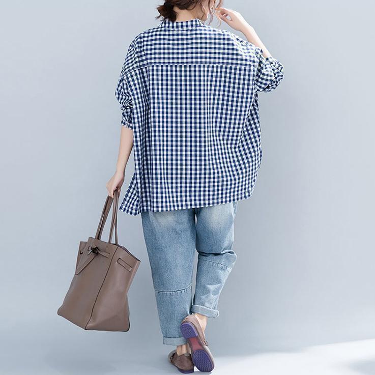 Blue Plaid Cotton Clothes for Neckline Stand Collar Art Shirt