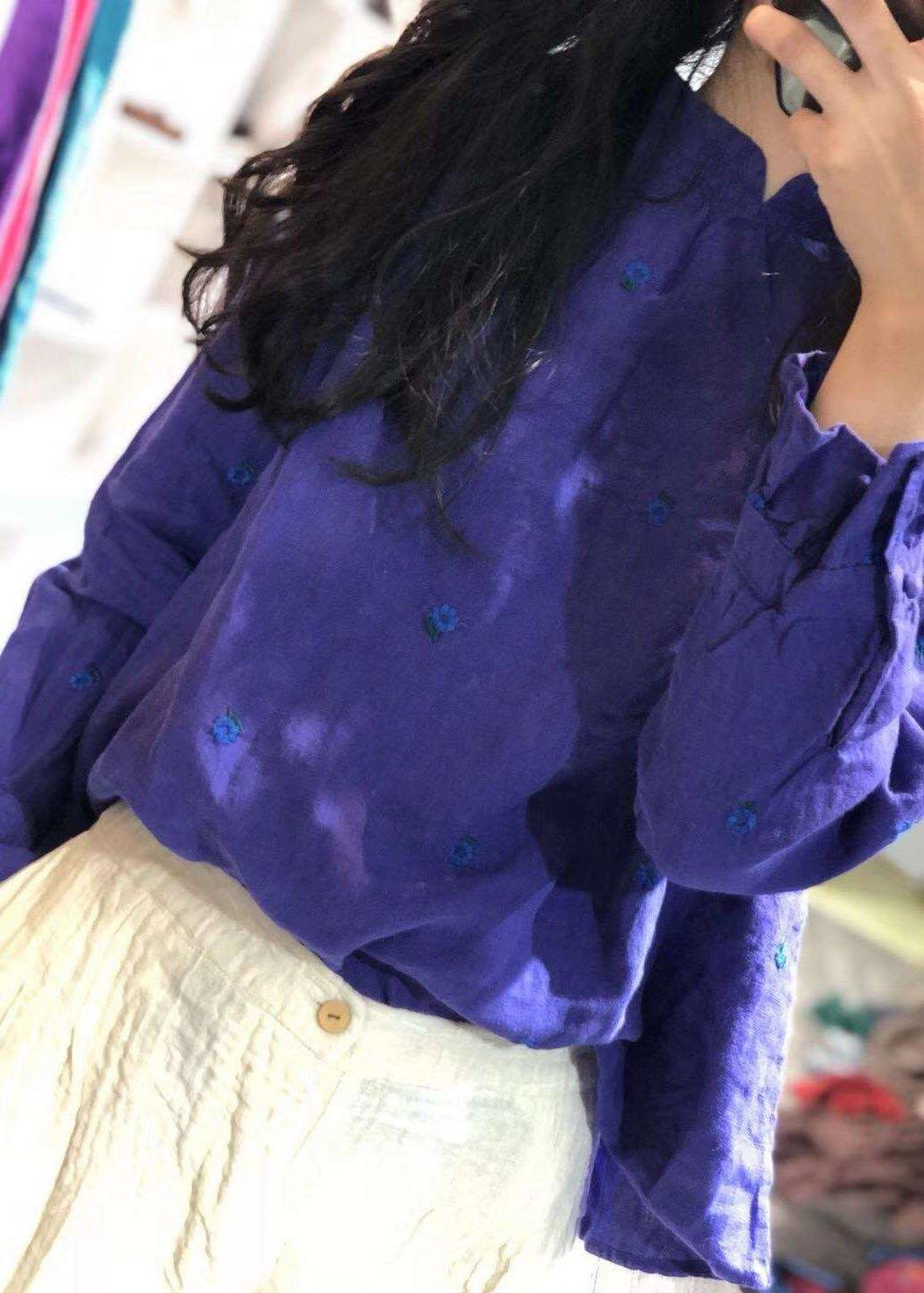 Chic blue embroidery linen tops women ruffles long sleeve loose fall blouses