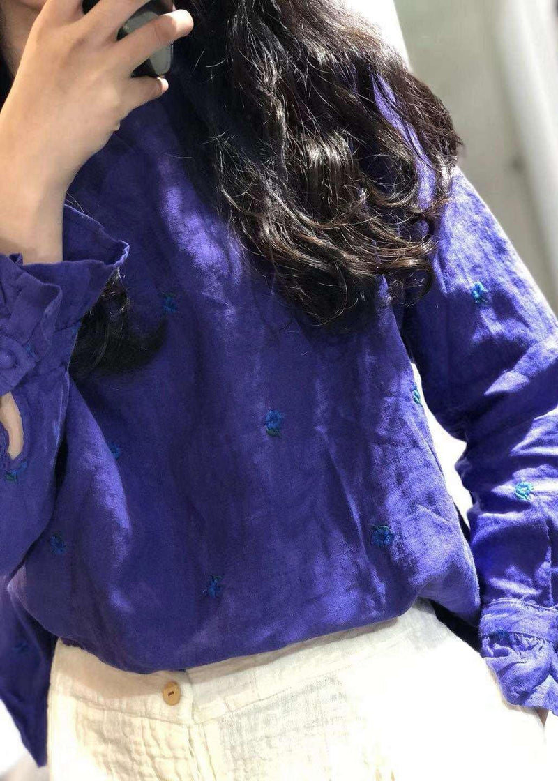 Blue Embroidery Linen Tops Ruffles Long Sleeve Loose Fall Blouses