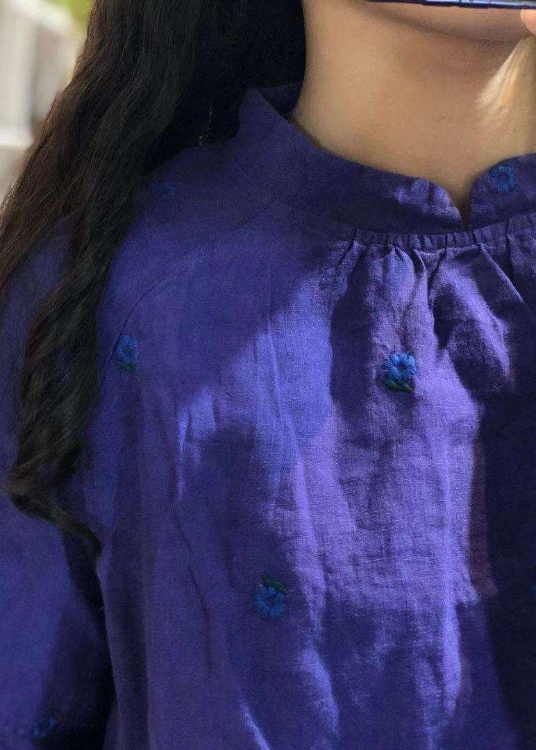 Chic blue embroidery linen tops women ruffles long sleeve loose fall blouses