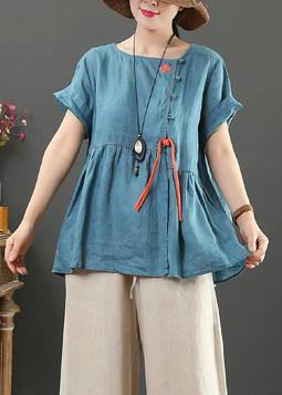 Blue Linen Linen Tops O Neck Cinched Oversized Shirts