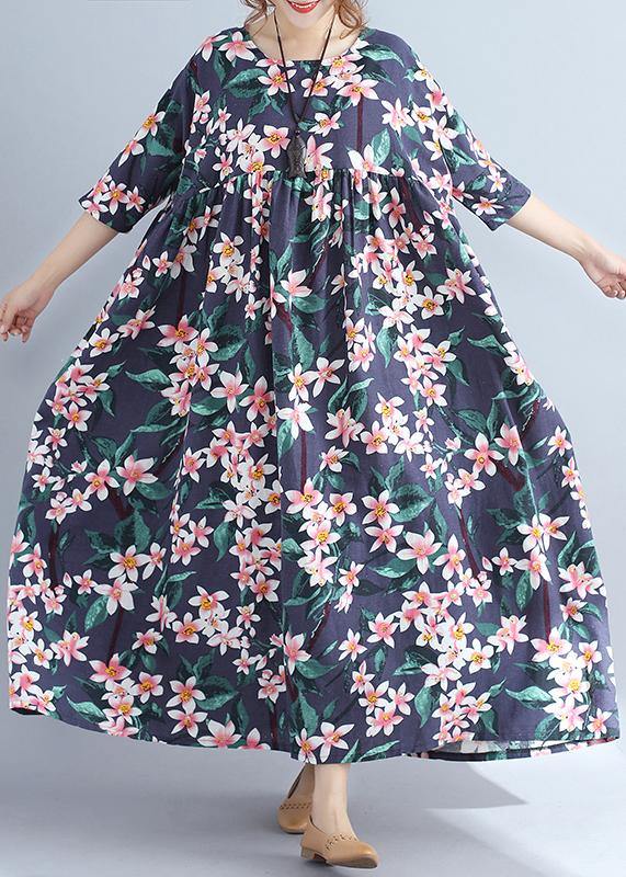 Blue Print Chiffon Quilting Clothes Half Sleeve Cinched Chiffon Summer Dress