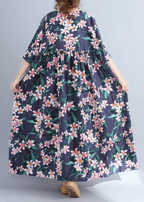 Blue Print Chiffon Quilting Clothes Half Sleeve Cinched Chiffon Summer Dress