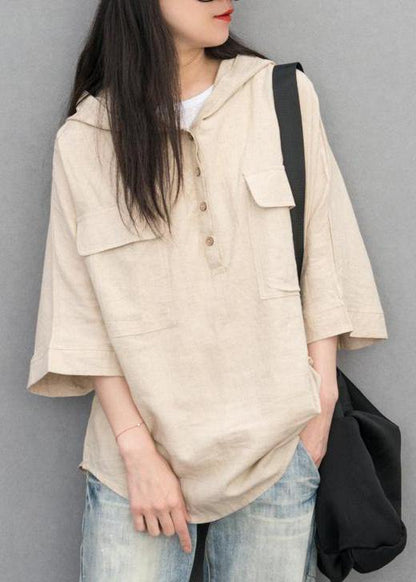Cotton Linen Tunic Pattern Batwing Sleeve Color Hooded Blouse