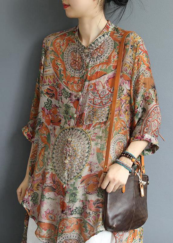 Cotton Tunic Top Korea Retro Printed High Low Hem Comfortable Blouse