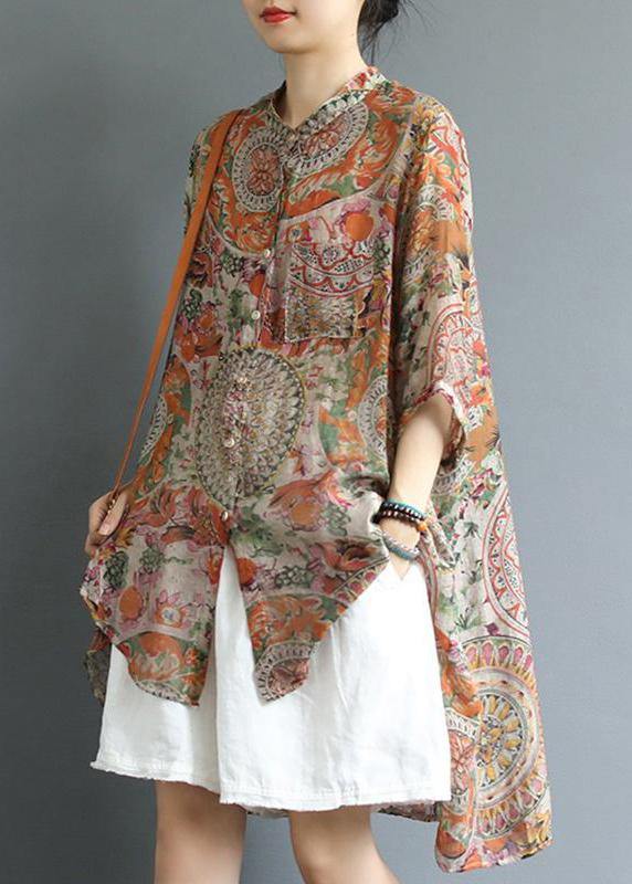 Cotton Tunic Top Korea Retro Printed High Low Hem Comfortable Blouse
