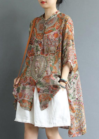 Cotton Tunic Top Korea Retro Printed High Low Hem Comfortable Blouse