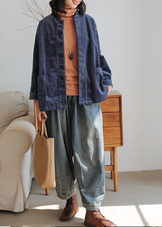 Dark Blue Cotton Blouse Stand Collar Pockets Tunic Shirts