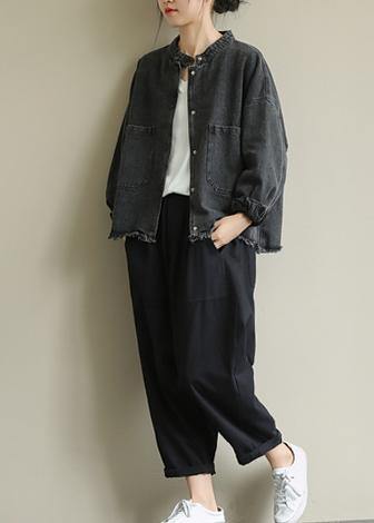 Denim Black Clothes Work Stand Collar Pockets Outwears