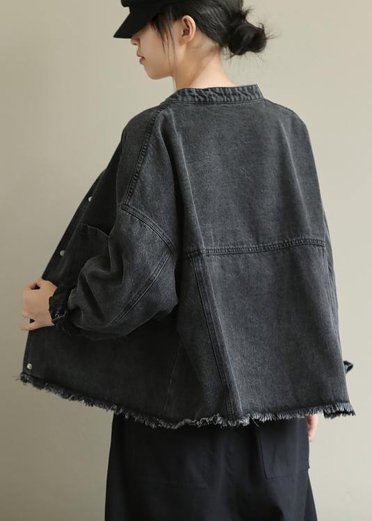 Denim Black Clothes Work Stand Collar Pockets Outwears