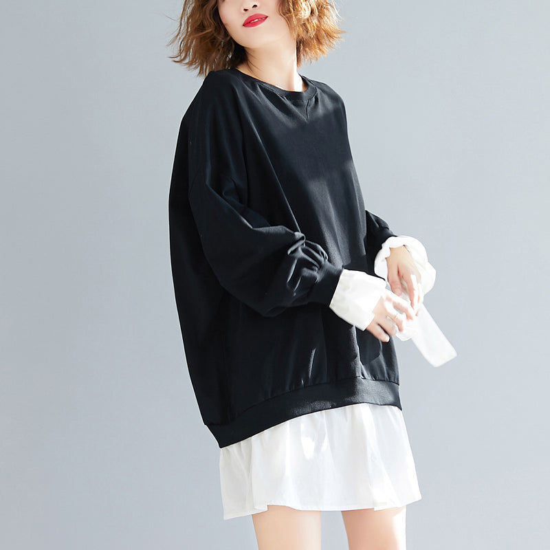 Flare Sleeve Cotton Dresses Stitches Work Outfits Black Shift Dress