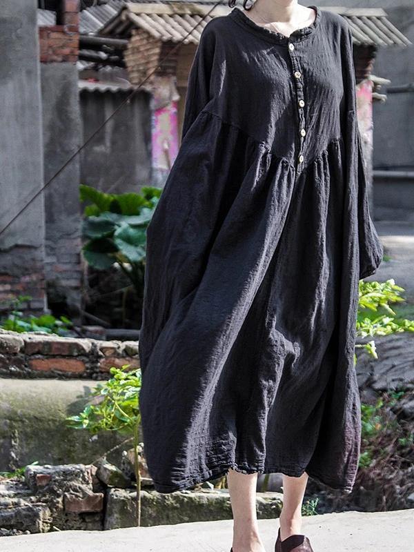 Gray Black Cotton Robes O Neck Long Sleeve a Line Spring Dress