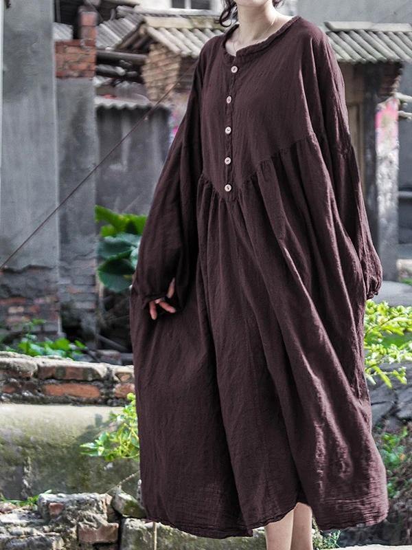 Gray Black Cotton Robes O Neck Long Sleeve a Line Spring Dress