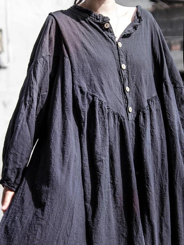 Gray Black Cotton Robes O Neck Long Sleeve a Line Spring Dress