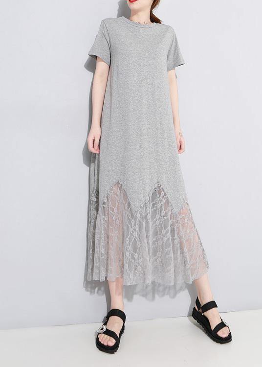 Gray Cotton Clothes Lace Patchwork Maxi Summer Hollow Out Dresses