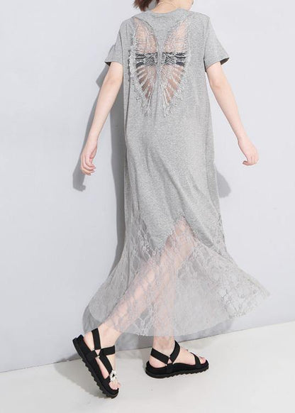 Gray Cotton Clothes Lace Patchwork Maxi Summer Hollow Out Dresses