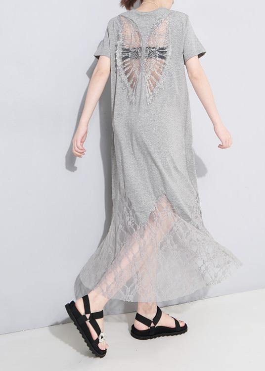 Gray Cotton Clothes Lace Patchwork Maxi Summer Hollow Out Dresses