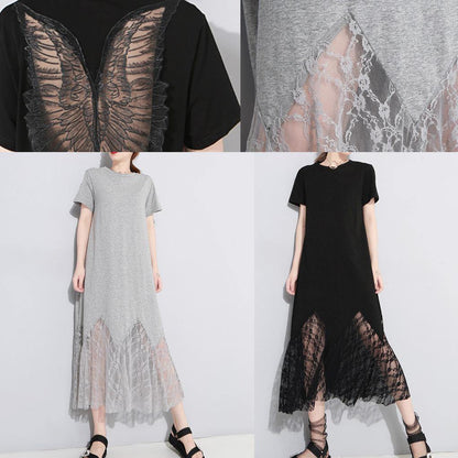 Gray Cotton Clothes Lace Patchwork Maxi Summer Hollow Out Dresses