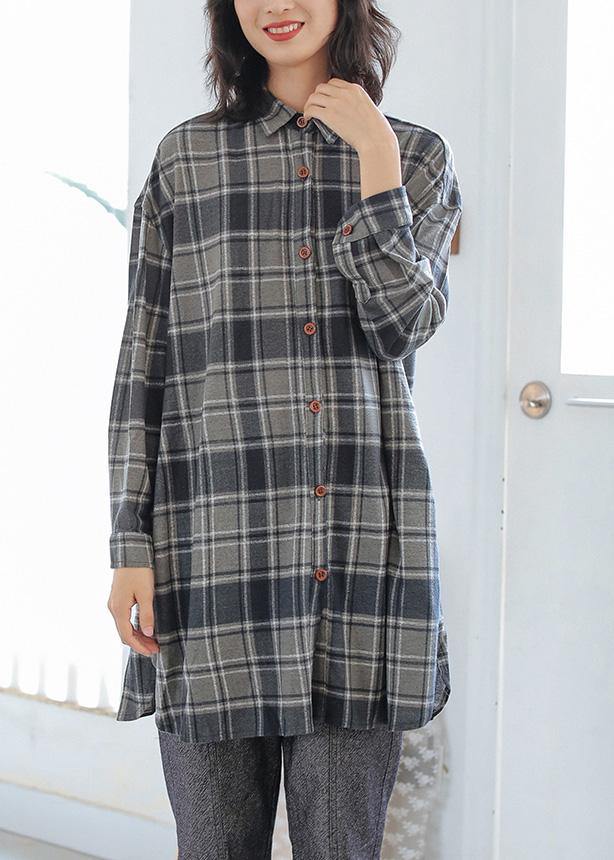 Gray Plaid Cotton Blouses for Polo Neck Button Tunic Top