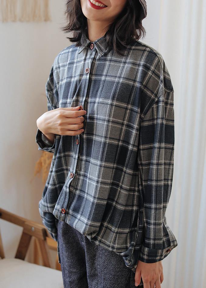 Chic gray plaid cotton blouses for women POLO neck Button tunic top