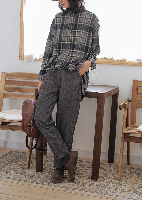 Gray Plaid Cotton Blouses for Polo Neck Button Tunic Top