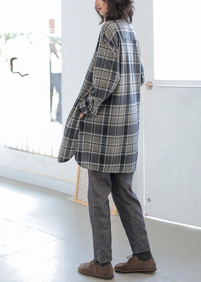 Chic gray plaid cotton blouses for women POLO neck Button tunic top