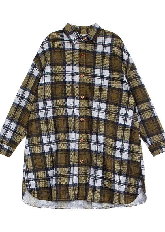 Gray Plaid Cotton Blouses for Polo Neck Button Tunic Top