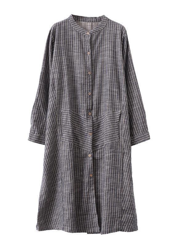 Gray Striped Linen Tunics Stand a Line Skirts Art Dresses