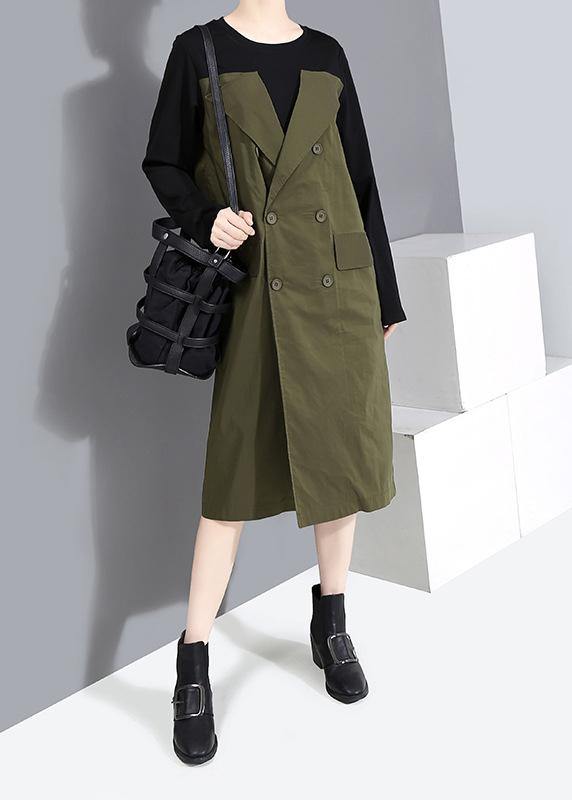 Green Cotton Dresses Tie Waist Patchwork Dress