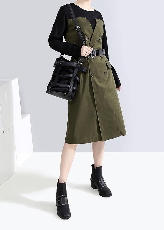 Green Cotton Dresses Tie Waist Patchwork Dress