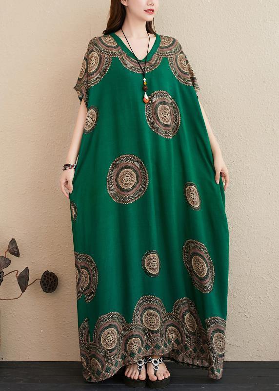 Green Print Outfit V Neck Batwing Sleeve Kaftan Summer Dresses