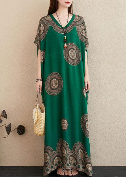 Green Print Outfit V Neck Batwing Sleeve Kaftan Summer Dresses