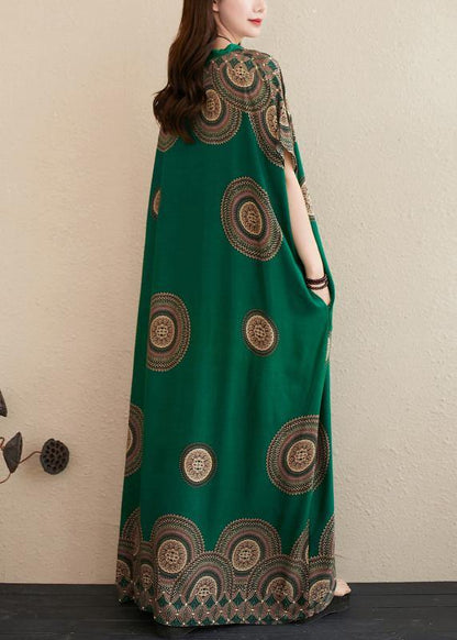 Green Print Outfit V Neck Batwing Sleeve Kaftan Summer Dresses