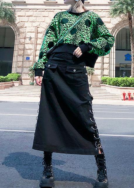 Chic green prints cotton clothes long sleeve o neck shirts