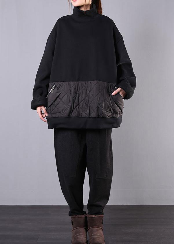 High Neck Patchwork Cotton Fall Clothes for Fabrics Black Top