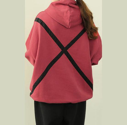 Chic hooded drawstring clothes pink tunic shirt