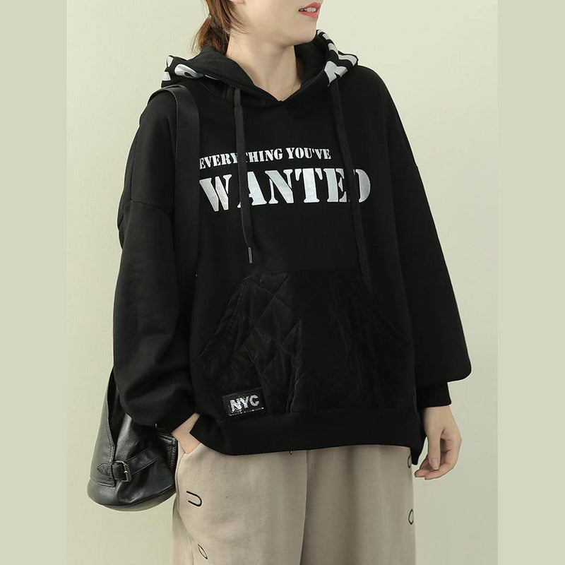 Hooded Patchwork Top Silhouette Black Letter Daily Blouse