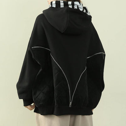 Chic hooded patchwork top silhouette black Letter daily blouse
