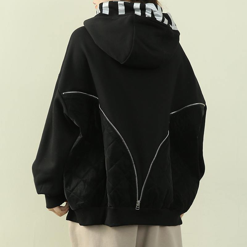 Hooded Patchwork Top Silhouette Black Letter Daily Blouse