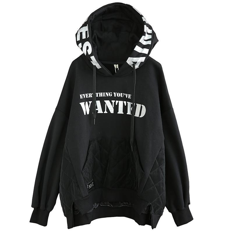 Hooded Patchwork Top Silhouette Black Letter Daily Blouse