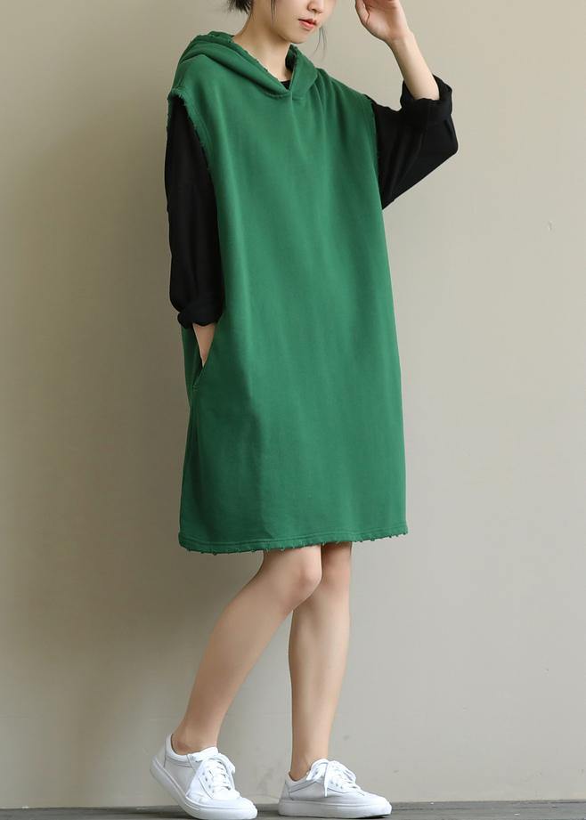 Hooded Pockets Fall Tunic Sleeve Green Dress