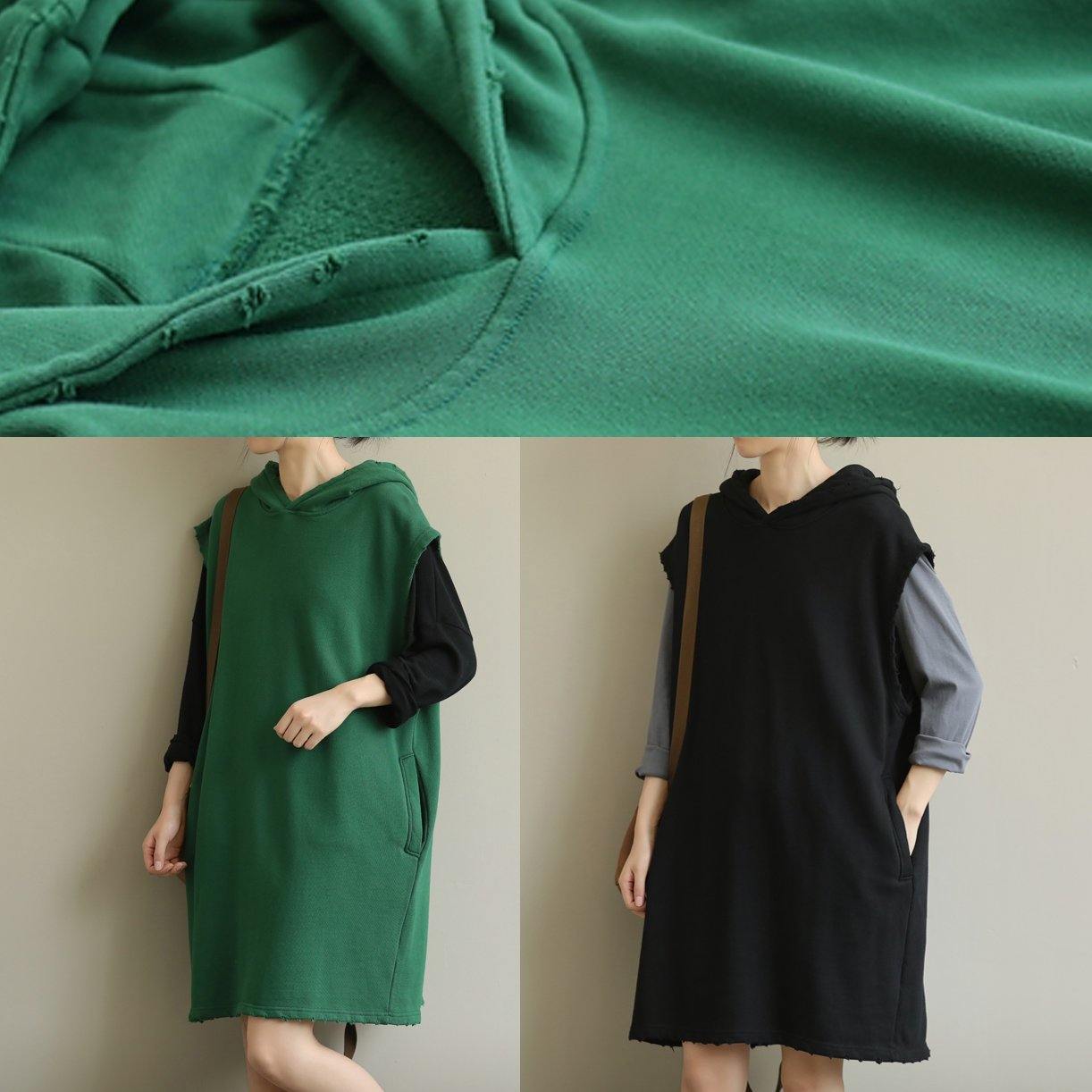 Hooded Pockets Fall Tunic Sleeve Green Dress
