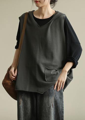 Hooded Sleeveless Tops Work Gray Blouse